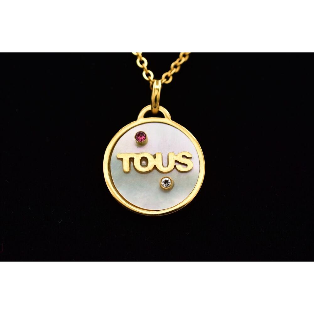 Tous Abalone Pendant Necklace Abalone Shell Pink Crystal Gold Tone Chain BinBJ